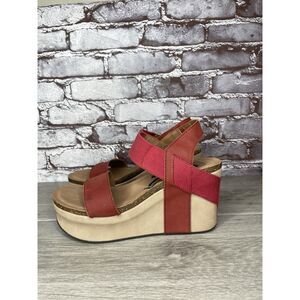 OTOT Bushnell Platform Red Leather High Cork Wedge Sandals Women Sz 8.5M US/39EU